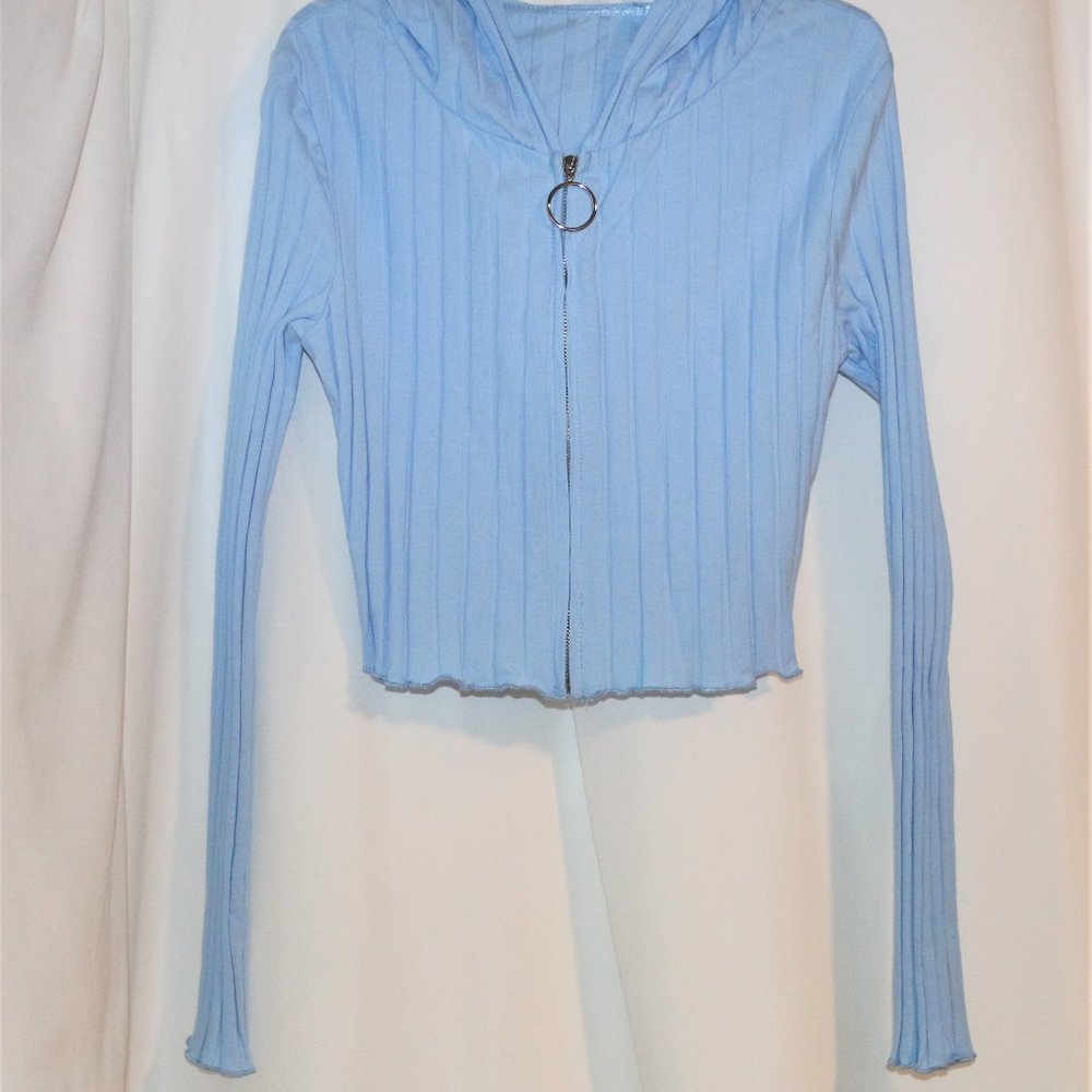 Womans XSmall 100% Cotton Hooded Rib Knit Top Long Sleeve Crop Light Blue Jacket